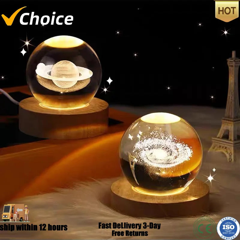 3D Crystal Ball Lamp with Galaxy and Planetary Projections